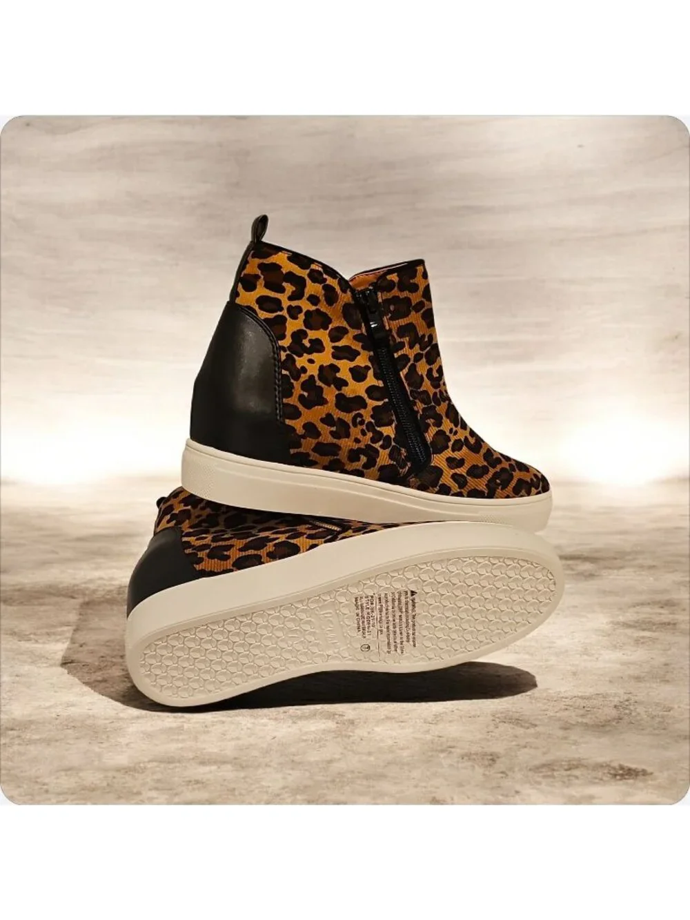 Leopard Print Side-Zip Wedge Sneakers For Women Faux Leather Upper Rubber Sole C